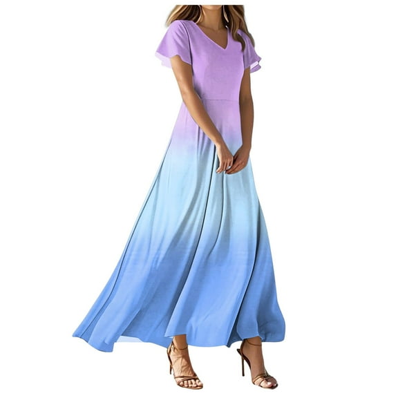 vigerkar Women's Dresses 2025 V Neck Short Sleeves Swing Elegant Long Maxi Dress Sky Blue, S
