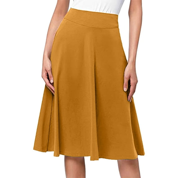 vigerkar Women's Elastic High Waist Casual Solid Knee Length A-line Stretchy Midi Skirt Yellow, XL