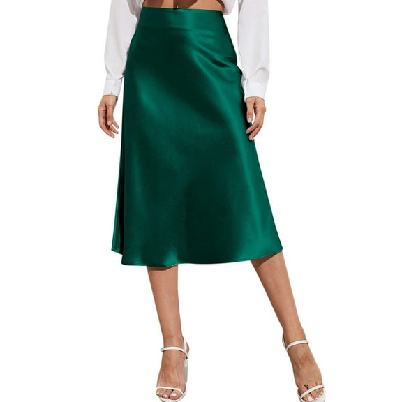 vigerkar Women's Elegant High Waist Satin A Line Flared Midi Skirt with Zipper Green, L