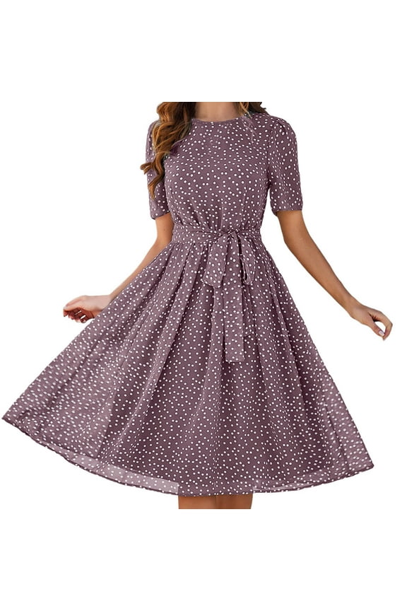 Women's Elegant Vintage Office Casual Floral Print Work Party A-Line Swing Dresses Coffee, M