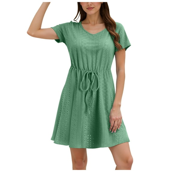 vigerkar Women's Eyelet Drawstring Waist Mini Dress Short Sleeves Round Neck Tie Waist Tunic Dresses Green, L