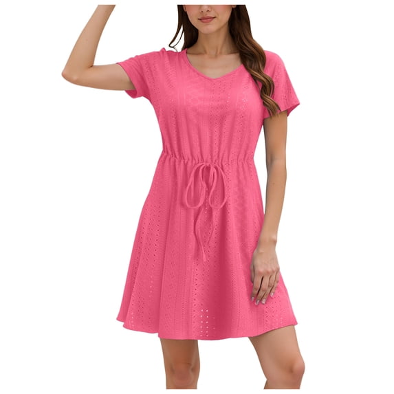 vigerkar Women's Eyelet Drawstring Waist Mini Dress Short Sleeves Round Neck Tie Waist Tunic Dresses Hot Pink, S
