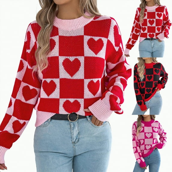 vigerkar Women's Fall Winter Crew Neck Long Sleeve Cute Heart Pattern Loose Knit Pullover Sweaters Jumper Tops (Red, S)