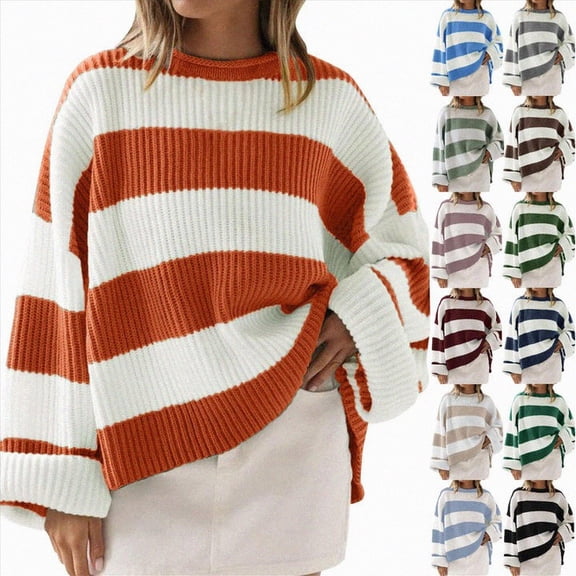 vigerkar Women's Fashion 2026 Long Sleeve Oversized Striped Color Block Comfy Loose Crew Neck Knitted Pullover Sweater (Orange, S)