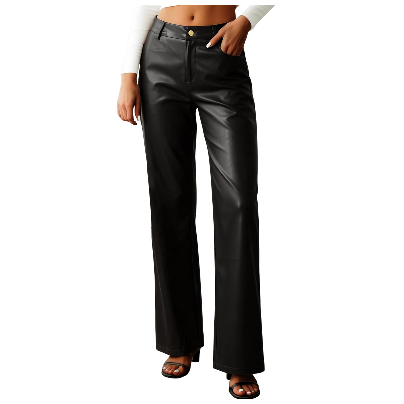 vigerkar Women's Faux Leather Pants Button PU Jeans Straight Wide Leg Trousers with Pockets (Black, M)