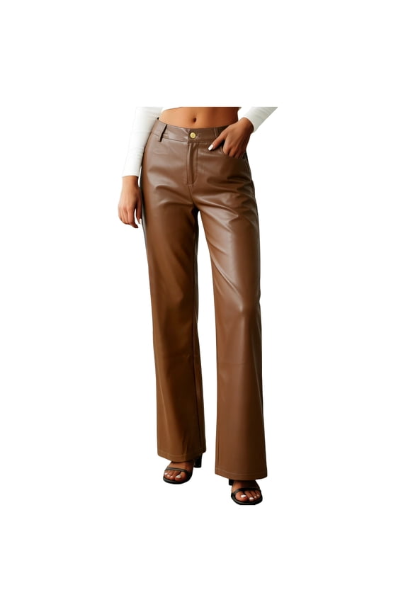 Women's Faux Leather Pants Button PU Jeans Straight Wide Leg Trousers with Pockets (Brown, L)