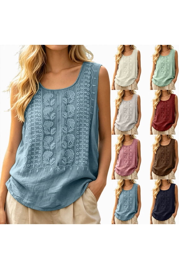 Women's Floral Embroidered Tank Top Cotton Linen Blend Sleeveless Shirts Crew Neck Casual Summer Tunic Blouse Tops (Red, XXL)