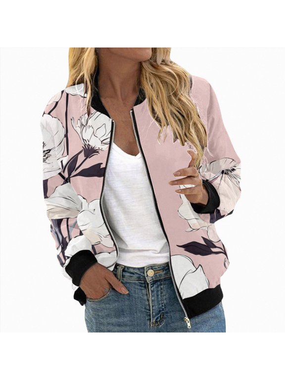 Women's Floral Print Bomber Jacket Casual Vintage Zip Coat, Lightweight Long Sleeve Outerwear Tops Windbreaker (Pink, S)