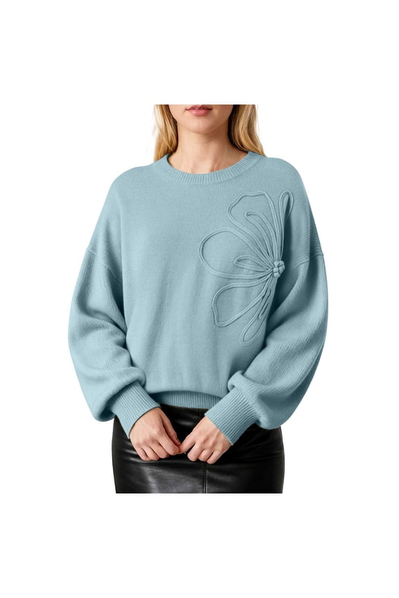 Women's Floral Sweaters Winter Oversized Tops | Long Lantern Sleeve Pullover, Neck,Drop Shoulder, Ribbed Details, Stretchy Knit , 2026 Fashion (Sky Blue, M)