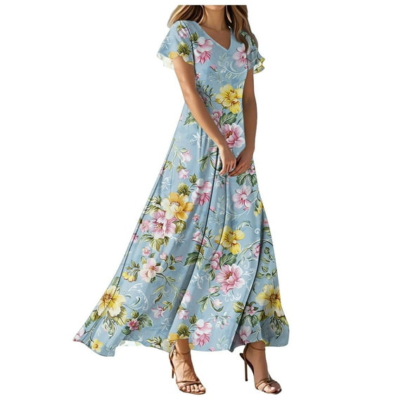 vigerkar Women's Flowy Chiffon Maxi Dress - Floral Print Beach Cover Up with V-Neck, Ruffle Sleeves for Vacation Blue, L