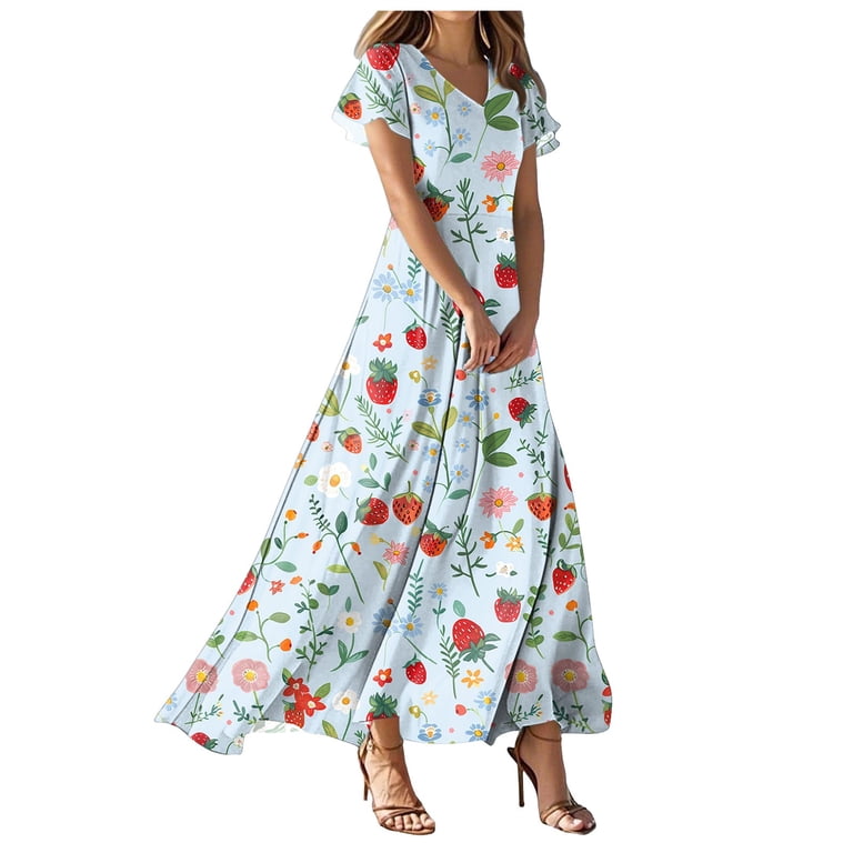 vigerkar Women's Flowy Chiffon Maxi Dress - Floral Print Beach Cover Up  with V-Neck, Ruffle Sleeves for Vacation Light Blue, XXL - Walmart.com