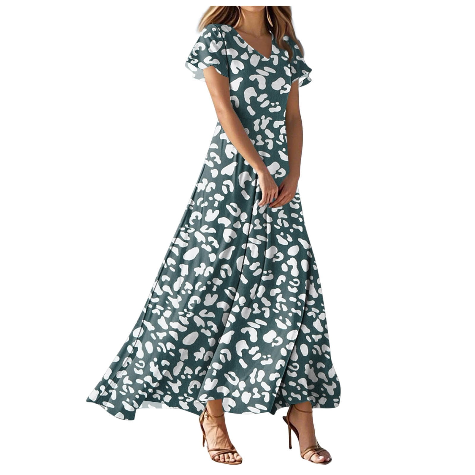 Maxi Dresses For Women Cotton Rayon Blue Floral Print Deep V Neck Boho Summer Dress main image 1