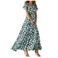 thumbnail image 1 of vigerkar Women's Flowy Chiffon Maxi Dress – Floral Print, V-Neck, Short Sleeve with Ruffled Hem & Waist Tie, Boho Beach Dress Dark Blue, M, 1 of 7