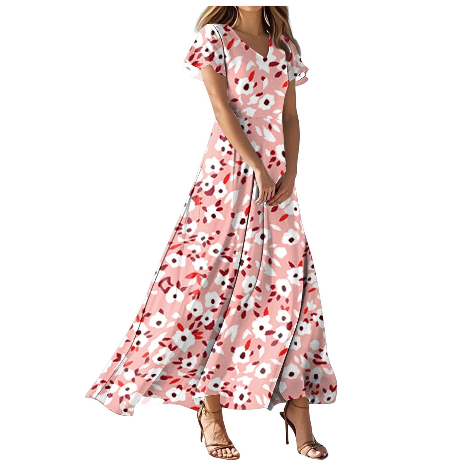 vigerkar Women's Flowy Chiffon Maxi Dress  Floral Print, V-Neck, Short  Sleeve with Ruffled Hem & Waist Tie, Boho Beach Dress Pink, L - Walmart.com