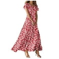 thumbnail image 1 of vigerkar Women's Flowy Chiffon Maxi Dress – Floral Print, V-Neck, Short Sleeve with Ruffled Hem & Waist Tie, Boho Beach Dress Red, XL, 1 of 7
