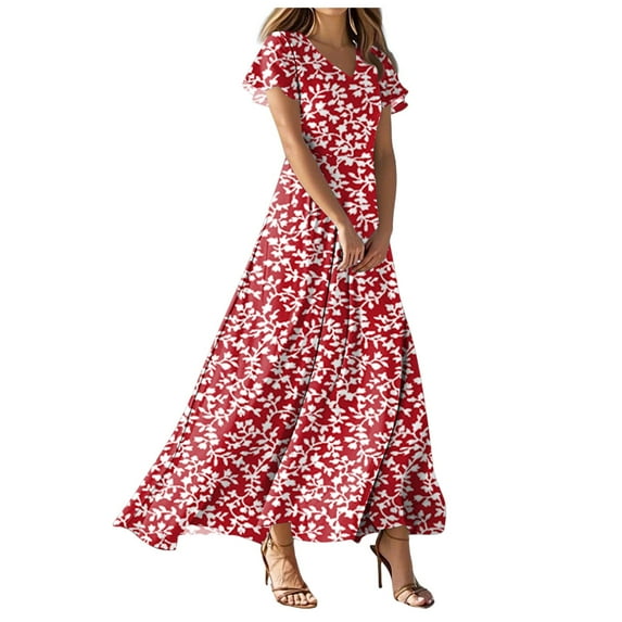 vigerkar Women's Flowy Chiffon Maxi Dress – Floral Print, V-Neck, Short Sleeve with Ruffled Hem & Waist Tie, Boho Beach Dress Red, XL