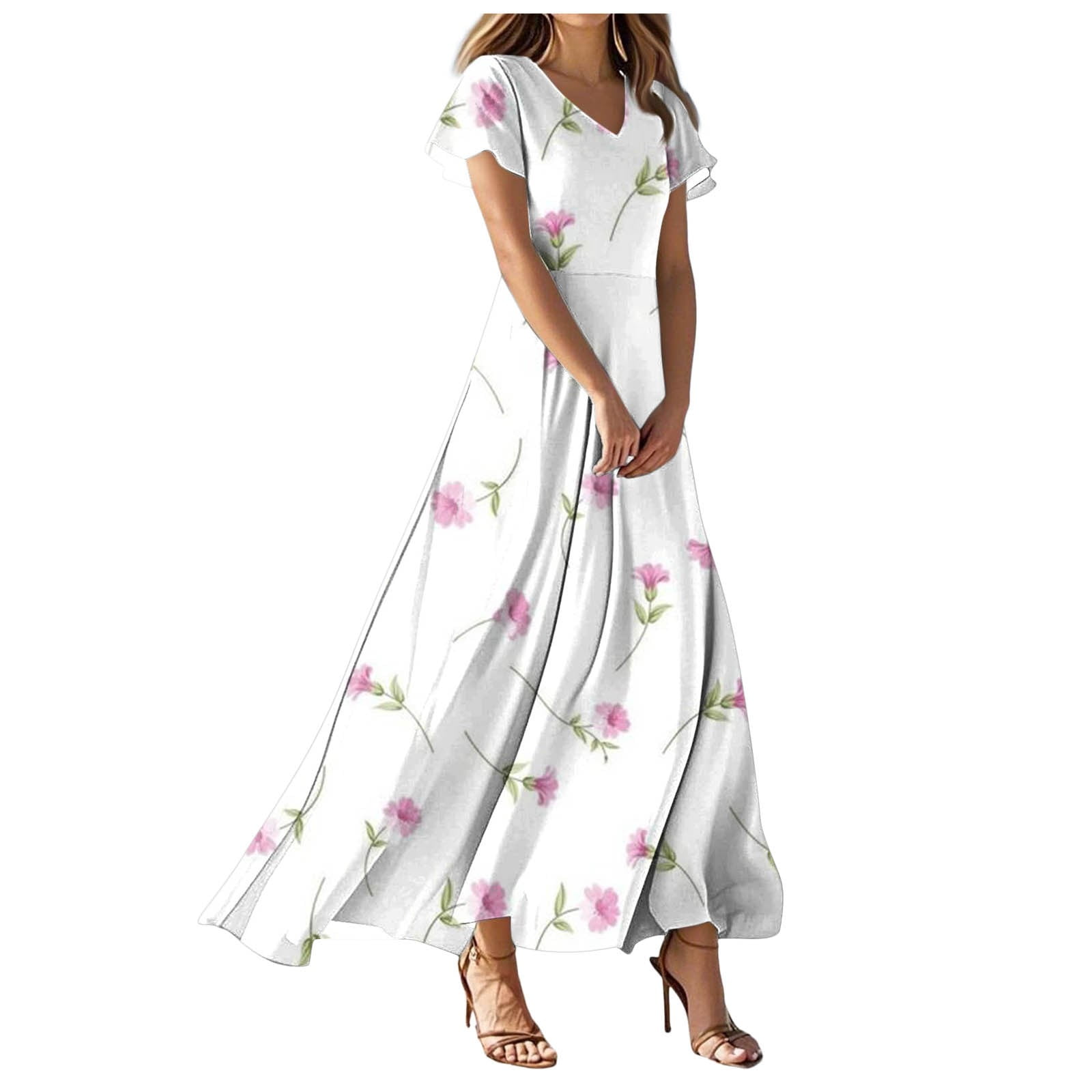 vigerkar Women's Flowy Chiffon Maxi Dress – Floral Print, V-Neck, Short  Sleeve with Ruffled Hem & Waist Tie, Boho Beach Dress Pink, XL