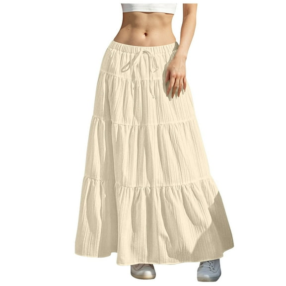 vigerkar Women's Flowy Flared Ruffle Boho Long Skirt Summer Casual Maxi Skirts 2025 Beige, L