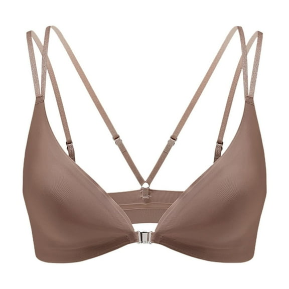 vigerkar Women's Front Closure Bras No Underwire Plunge V Neck Bra Low Cut Padded Bralettes Soft Comfy Seamless Everyday Bra Brown, M