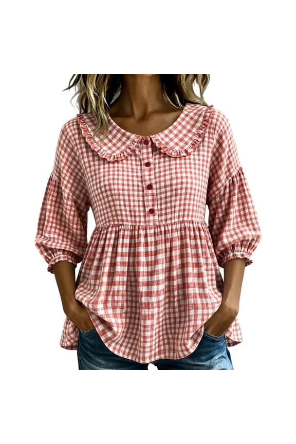 Women's Gingham 3/4 Puff Sleeve Button Down Peplum Blouse Plaid Shirts (Red, 4XL)