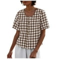 thumbnail image 1 of vigerkar Women's Gingham Button Down Shirt Cotton Shirt Plaid Blouses Short Sleeve Summer Tunic Tops Coffee, S, 1 of 7