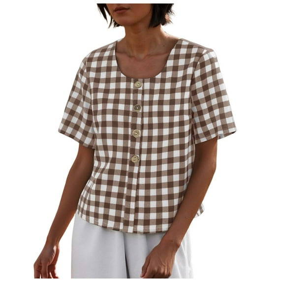 vigerkar Women's Gingham Button Down Shirt Cotton Shirt Plaid Blouses Short Sleeve Summer Tunic Tops Coffee, S