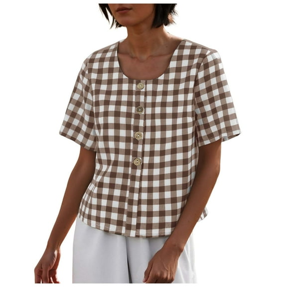 vigerkar Women's Gingham Button Down Shirt Cotton Shirt Plaid Blouses Short Sleeve Summer Tunic Tops Coffee, XL