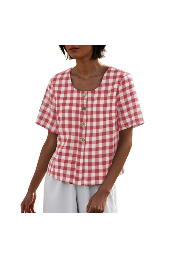 Women's Gingham Button Down Shirt Cotton Shirt Plaid Blouses Short Sleeve Summer Tunic Tops Red, S