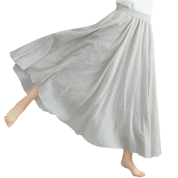 vigerkar Women's Girls Elastic Waist Long Flowy Bohemian Cotton Casual Maxi Skirt for Summer Beach Holiday Beige, One Size