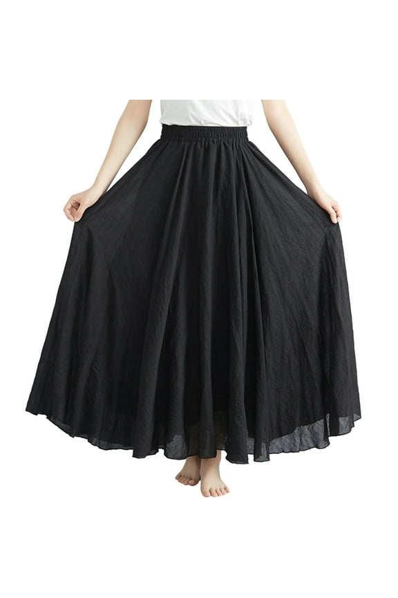 Women's Girls Elastic Waist Long Flowy Bohemian Cotton Casual Maxi Skirt for Summer Beach Holiday Black, One Size