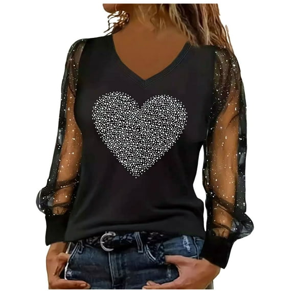 vigerkar Women's Glitter Sequin Sheer Mesh Long Sleeve Shirts Sexy Sparkle V Neck Dressy Casual Tunic Top Blouse (Black, M)