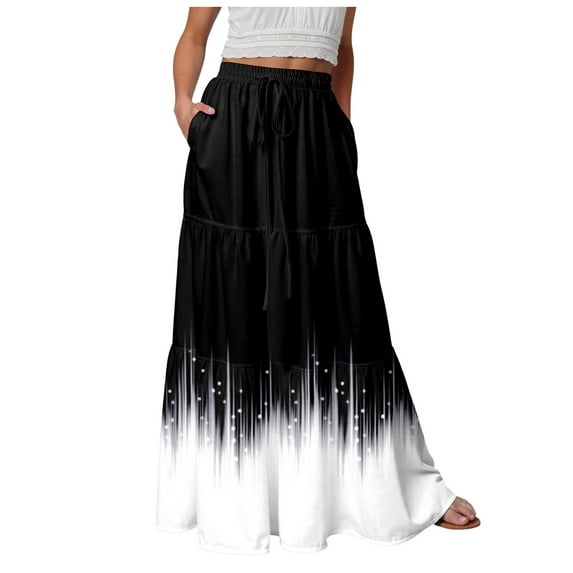 vigerkar Women's Gradient Flowy Maxi Skirt Summer Pleated High Waisted Casual A-line Beach Vacation Long Skirts Black, M