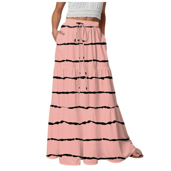 vigerkar Women's Gradient Flowy Maxi Skirt Summer Pleated High Waisted Casual A-line Beach Vacation Long Skirts Pink, XL