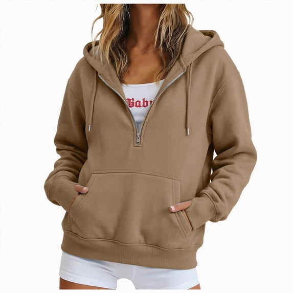 vigerkar Women's Half Zip Pullover Fleece Hoodie Oversized and Lightweight Long Sleeve Casual Sweatshirt with Cozy Hood (Brown, M)