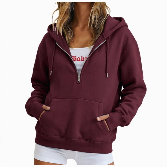 vigerkar Women's Half Zip Pullover Fleece Hoodie Oversized and Lightweight Long Sleeve Casual Sweatshirt with Cozy Hood (Wine, XXL)