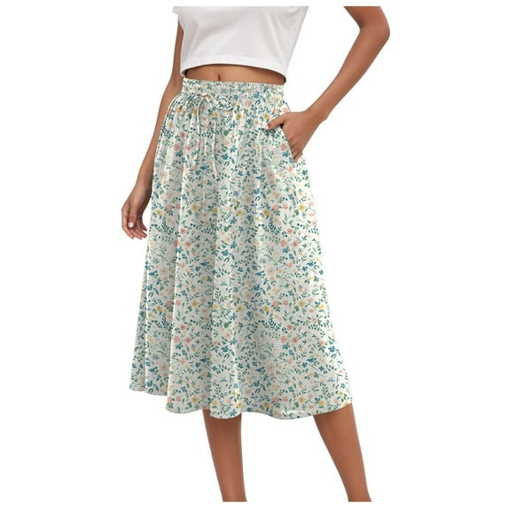 vigerkar Women's High Elastic Waist Midi Skirt Casual Summer Trendy Flowy Ruffle Floral Print A line Skirts with Pockets Light Blue, XL