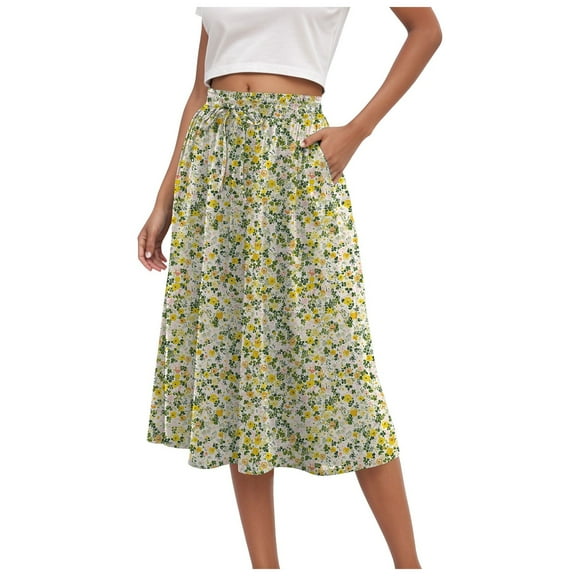 vigerkar Women's High Elastic Waist Midi Skirt Casual Summer Trendy Flowy Ruffle Floral Print A line Skirts with Pockets Light Yellow, M