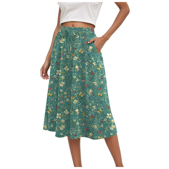 vigerkar Women's High Elastic Waist Midi Skirt Casual Summer Trendy Flowy Ruffle Floral Print A line Skirts with Pockets Mint Green, XXL