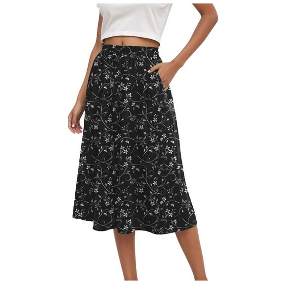 vigerkar Women's High Elastic Waist Midi Skirt Casual Summer Trendy Tie Front Flowy Ruffle Floral Print A line Skirts 2025 Black, XXL
