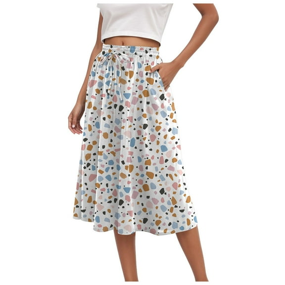 vigerkar Women's High Elastic Waist Midi Skirt Casual Summer Trendy Tie Front Flowy Ruffle Floral Print A line Skirts 2025 Pink, S