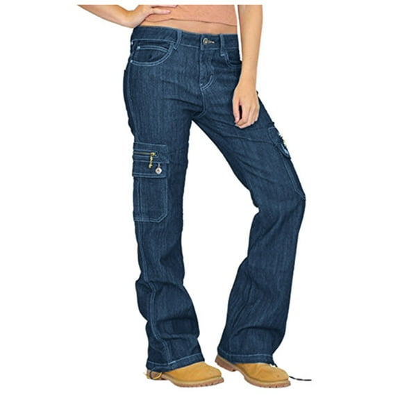 vigerkar Women's High Waist Baggy Cargo Jeans Pockets Y2K Streetwear Wide Leg Denim Pants Dark Blue, 4XL