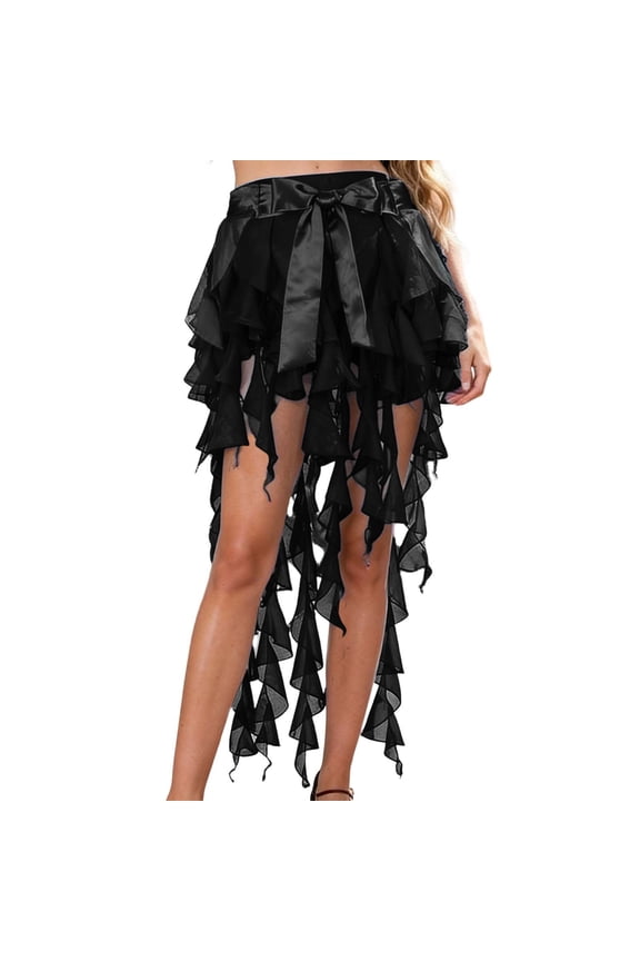 Women's High Waist Mesh Y2K Skirt Gothic Irregular Layered Skirts Club Rave Cute Mini Skirts (Black, One Size)