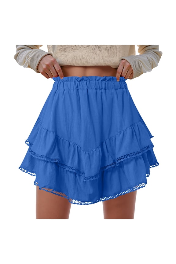 Women's High Waist Ruffle Mini Skirt Lace Trim Flowy Boho Skorts for Women Flared Tiered Golf Tennis Athletic Skirts Blue, S