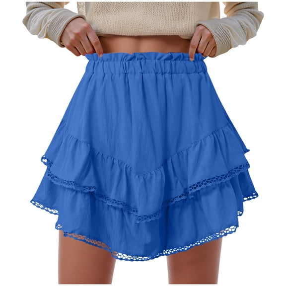 vigerkar Women's High Waist Ruffle Mini Skirt Lace Trim Flowy Boho Skorts for Women Flared Tiered Golf Tennis Athletic Skirts Blue, S