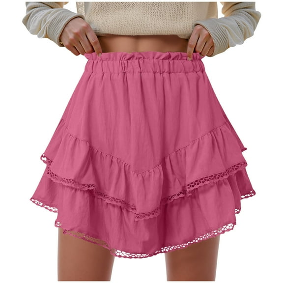 vigerkar Women's High Waist Ruffle Mini Skirt Lace Trim Flowy Boho Skorts for Women Flared Tiered Golf Tennis Athletic Skirts Hot Pink, XL