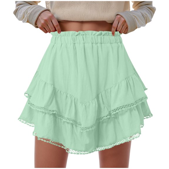 vigerkar Women's High Waist Ruffle Mini Skirt Lace Trim Flowy Boho Skorts for Women Flared Tiered Golf Tennis Athletic Skirts Light Green, S