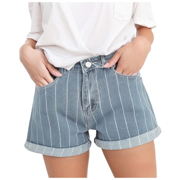 vigerkar Women's High Waist Vintage Striped Jean Shorts Summer Stretchy Casual Denim Jeans Shorts (Light Blue, L)