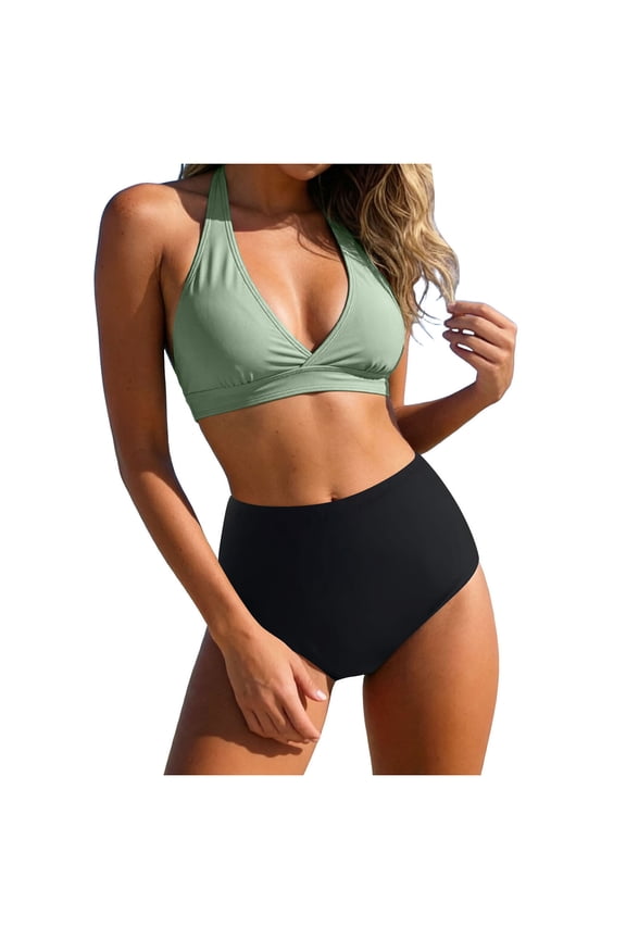 Women's High Waisted Bikini Set Large Bust Supportive Crossover Back V-Neck Two-Piece Swimsuit Bathing Suits (Green, XL)