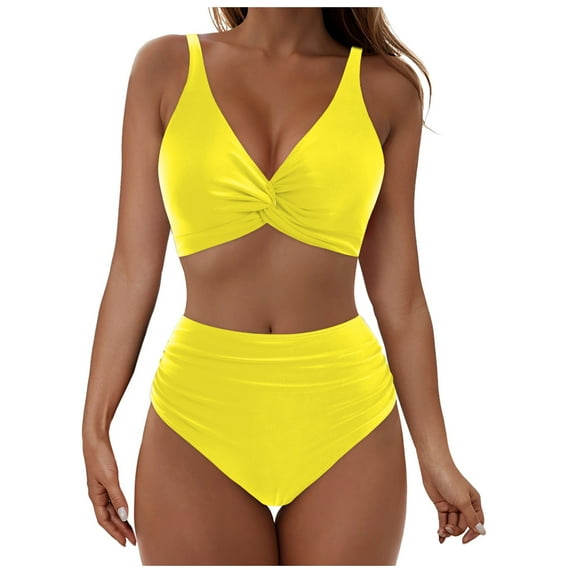 vigerkar Women's High Waisted Bikini Set Push Up V Neck Ruched Bottom Stylish Two Piece Swimsuit Bathing Suit (Yellow, L)