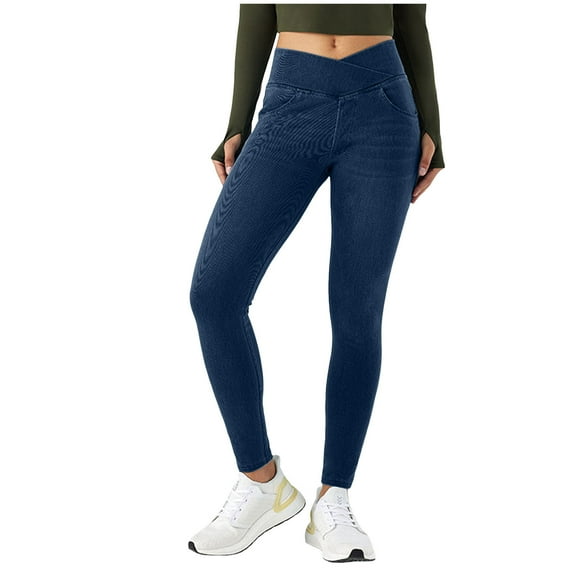 vigerkar Women's High Waisted Cross-Over Jeggings Pants Stretchy Tummy Control Skinny Jean Leggings with Pockets Dark Blue, S
